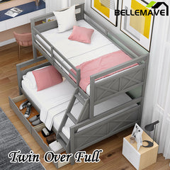 Bellemave® Twin over Full Bunk Bed with Ladder, Safety Guardrail and 2 Storage Drawers