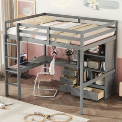 Bellemave® Full Size Loft Wood Bed with Desk, Storage shelves and Drawers, Built-in Ladder and Guardrails