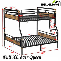 Bellemave® Full XL over Queen Metal Bunk Bed, Industrial Detachable Bunk Beds with Safety Guard Rails