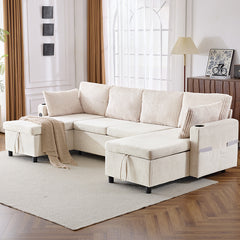 Bellemave® 111.8" Sectional Sofa Pull-Out Sofa Bed with Large Storage Space, Two USB Ports and Two Cup Holders