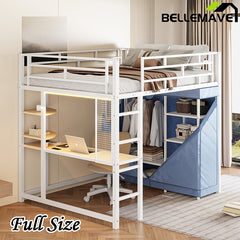 Bellemave® Loft Metal Bed with Desk,Shelves,Power Outlet,LED Light and Wardrobe