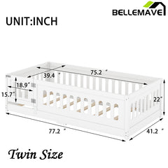 Bellemave® Solid Wood Floor Bed with Slats, Heightened Safety Guardrails and Door