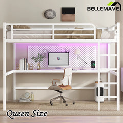 Bellemave® Queen Size Metal Loft Bed with Power Outlet and LED Lighted