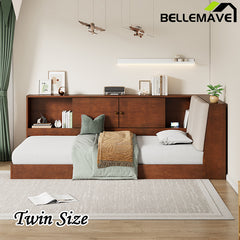 Bellemave® Twin Size Wooden L-Shaped Daybed with Storage Bookcase and Upholstered Headboard and USB Charging Ports