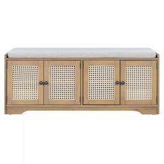 Front view of rustic storage bench with cushion