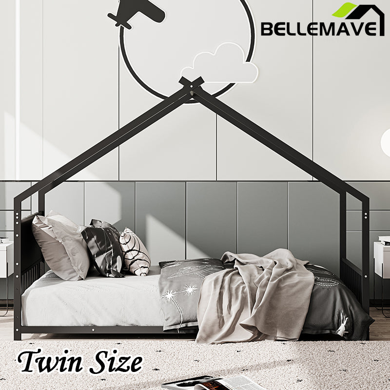 Bellemave® Twin Size Metal House Bed with Roof and Colorful Lights, Slats and Legs