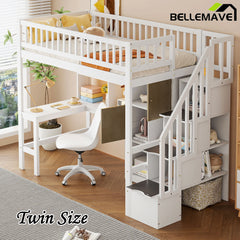 Bellemave® Twin Size Wood Loft Bed with Built-in Desk, LED, Storage Shelves, Cabinets and Staircase