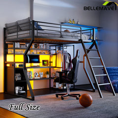 Bellemave® Full Size Metal Gaming Loft Bed with Built-in Work Station, Open Wardrobe, LED and Multiple Storage