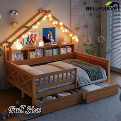 Bellemave® Full Size House Bed with LED Light and Storage Shelves, Drawers and Guardrail