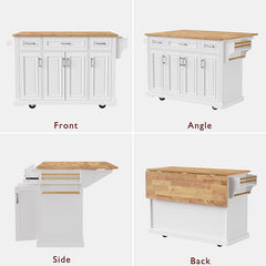 Bellemave® 54" Large Kitchen Island on 4 Wheels with Rubber Wood Drop Leaf, 4 Doors and 3 Drawers