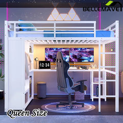 Bellemave® Metal Loft Bed with Built-in Wardrobe, Desk and Storage Shelves