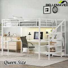 Bellemave® Metal High Loft Bed with L-shaped Desk and USB, Wardrobe and Adjustable Shelf, LED Light