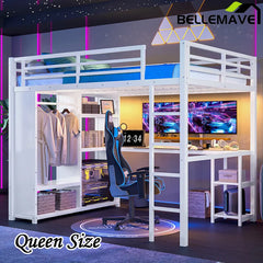 Bellemave® Metal Loft Bed with Built-in Wardrobe, Desk and Storage Shelves
