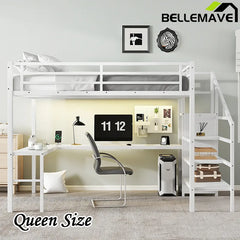 Bellemave® Metal High Loft Bed with L-shaped Desk and USB, Wardrobe and Adjustable Shelf, LED Light