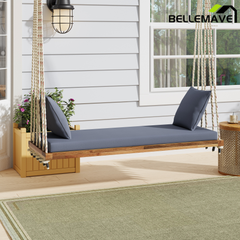 Bellemave® Outdoor Wooden Porch Swing – 2-Seat Hanging Bench with Cushion & Pillows, Brown Bellemave®