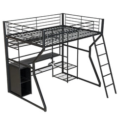 Bellemave® Full Size Metal Gaming Loft Bed with Built-in Work Station, Open Wardrobe, LED and Multiple Storage