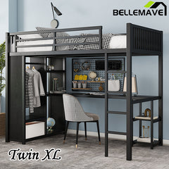 Bellemave® Metal Loft Bed with Built-in Wardrobe, Desk and Storage Shelves