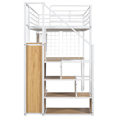 Bellemave® Metal Loft Bed with Built-in Work Station, Wardrobe, Storage Staircase and LED