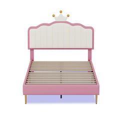 Bellemave® Upholstered Princess Bed with Crown Headboard, Light Strips and Golden Metal Legs