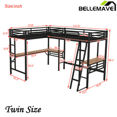 Bellemave® Double Twin Size Metal Loft Bed with Two Built-in Desks