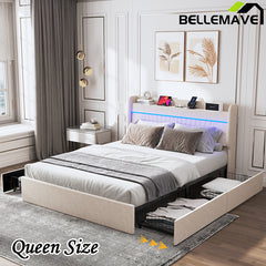 Bellemave® Queen Size Upholstered Platform Bed with Storage Upholstered Headboard and 4 Drawers,LED Lights & Charging Station