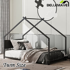 Bellemave® Twin Size Metal House Bed with Roof and Colorful Lights, Slats and Legs