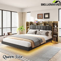 Bellemave® Queen Size  Upholstered Platform Bed with LED Light, Bookcase Storage Headboard and Charging Station