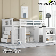 Bellemave® Twin Size Rubber Wood Loft Bed with Storage Cabinet, Drawer and Shelf Cabinet and Pulling-Out Desk, Safety Guardrail and Ladder