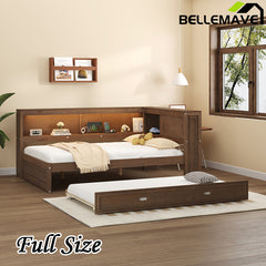 Bellemave® Full Size Wood Daybed with Storage Shelves, USB, LED, and Trundle