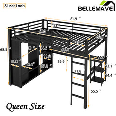 Bellemave® Queen Size Metal Loft Bed with Built-in Wardrobe, Desk and Storage Shelves