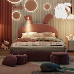 Bellemave® Full Size Upholstered Platform Bed with Cartoon Ears Shaped Headboard and Light