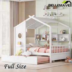 Bellemave® Wooden House Bed with Trundle and Storage Shelf