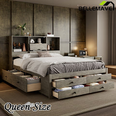 Bellemave® Platform Bed with Storage Headboard and 8 Drawers