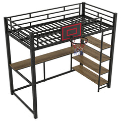 Bellemave® Twin Size Metal Loft Bed with Shelves, Desk and Basketball Hoop