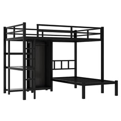 Bellemave® Full XL over Twin Metal Bunk Bed with Desk and Bookshelf ,Storage Shelves and Wardrobe