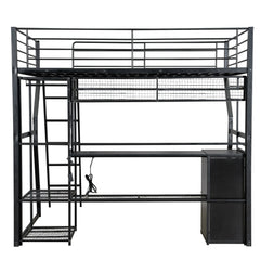Bellemave® Full Size Metal Gaming Loft Bed with Built-in Work Station, Open Wardrobe, LED and Multiple Storage