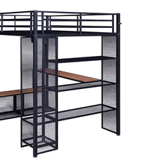 Bellemave® Full Size Metal Loft Bed with Storage Iron Mesh and MDF Shelves and Open Wardrobe