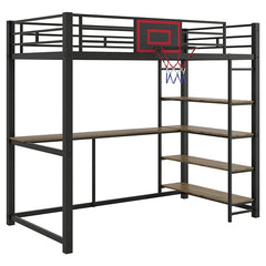 Bellemave® Twin Size Metal Loft Bed with Shelves, Desk and Basketball Hoop