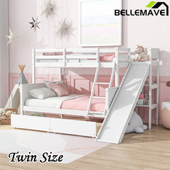 Bellemave® Twin over Full Rubber Wood Bunk Bed with 2 Drawers, Slide, Shelves, Ladder