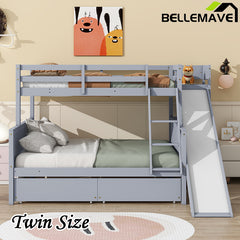 Bellemave® Twin over Full Rubber Wood Bunk Bed with 2 Drawers, Slide, Shelves, Ladder