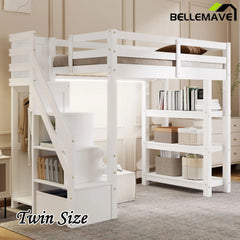Bellemave® Wooden Loft Bed with Shelves, Storage Staircase, Small Wardrobe and White LED Light