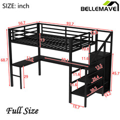 Bellemave® Metal High Loft Bed with L-shaped Desk and USB, Wardrobe and Adjustable Shelf, LED Light