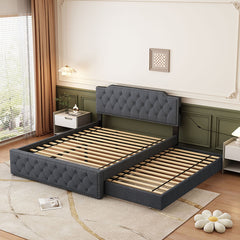 Bellemave® Queen Size Upholstered Platform Bed with Twin Size Trundle Bed and USB Ports , Decorate with Copper Nails