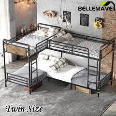 Bellemave® Twin Size Heavy Duty Metal Bunk Bed, Detachable Triple Bunk Bed, Can Be Divided Into 3 Twin Size Beds