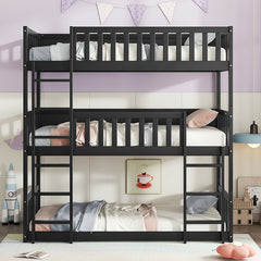 Bellemave® Twin over Twin over Twin Rubber Wood Triple Bunk Bed with Ladders and Guardrails(Detachable)