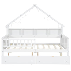 Bellemave® Full Size House Bed with LED Light and Storage Shelves, Drawers and Guardrail