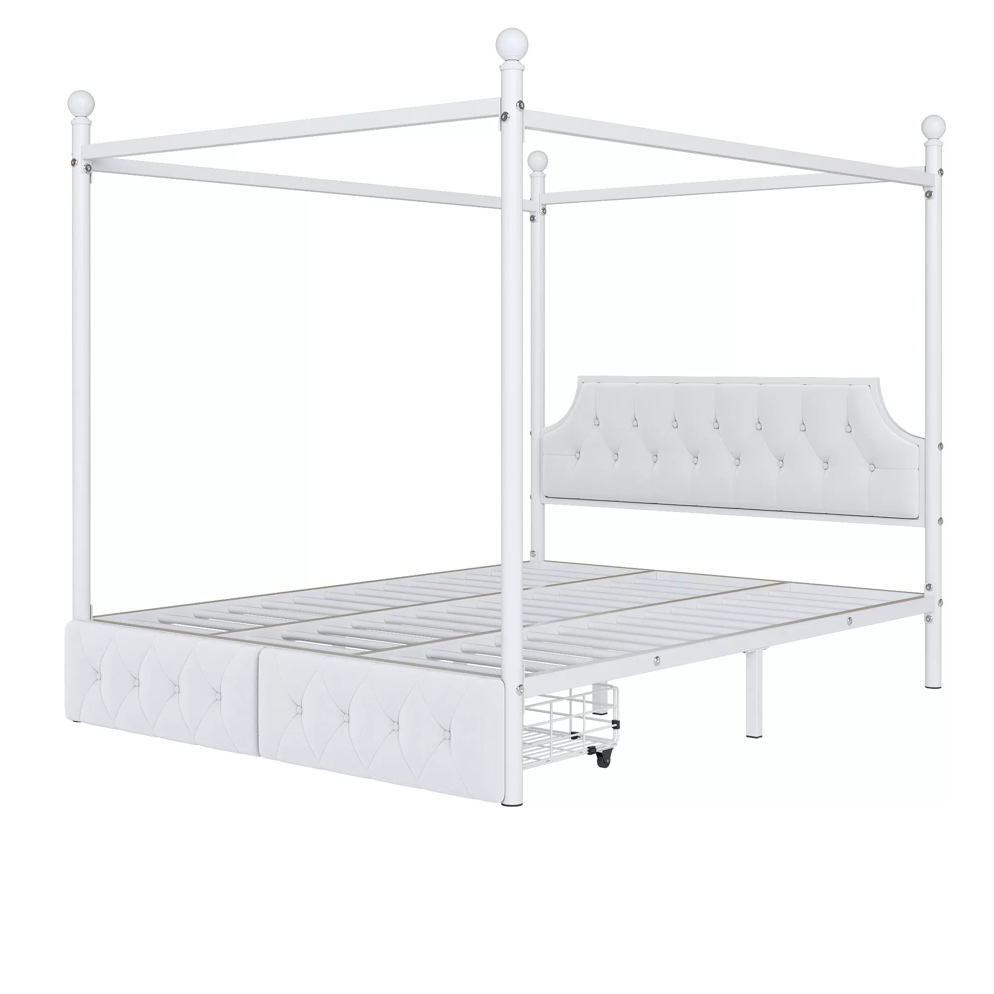 Bellemave® Queen Upholstered Canopy Bed Frame with 2 Drawers, Headboard & Storage, Four-Poster Metal Platform Bed Frame, White Bellemave®