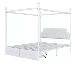 Bellemave® Queen Upholstered Canopy Bed Frame with 2 Drawers, Headboard & Storage, Four-Poster Metal Platform Bed Frame, White Bellemave®