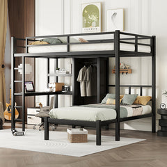 Bellemave® Full XL over Twin Metal Bunk Bed with Desk and Bookshelf ,Storage Shelves and Wardrobe