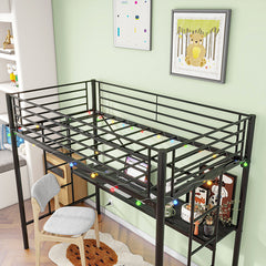 Bellemave® Twin Size Metal Loft Bed with Desk, Power Outlet and LED Lighted , Safety Guard & Ladder